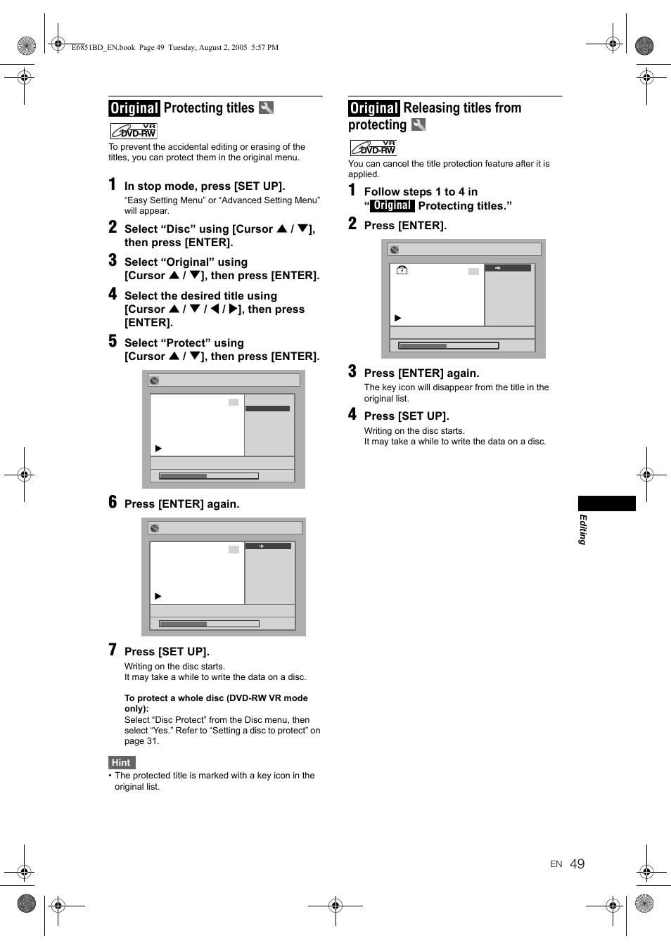 Protecting titles, Releasing titles from protecting, Original | JVC DR-M70SEK User Manual | Page 49 / 68