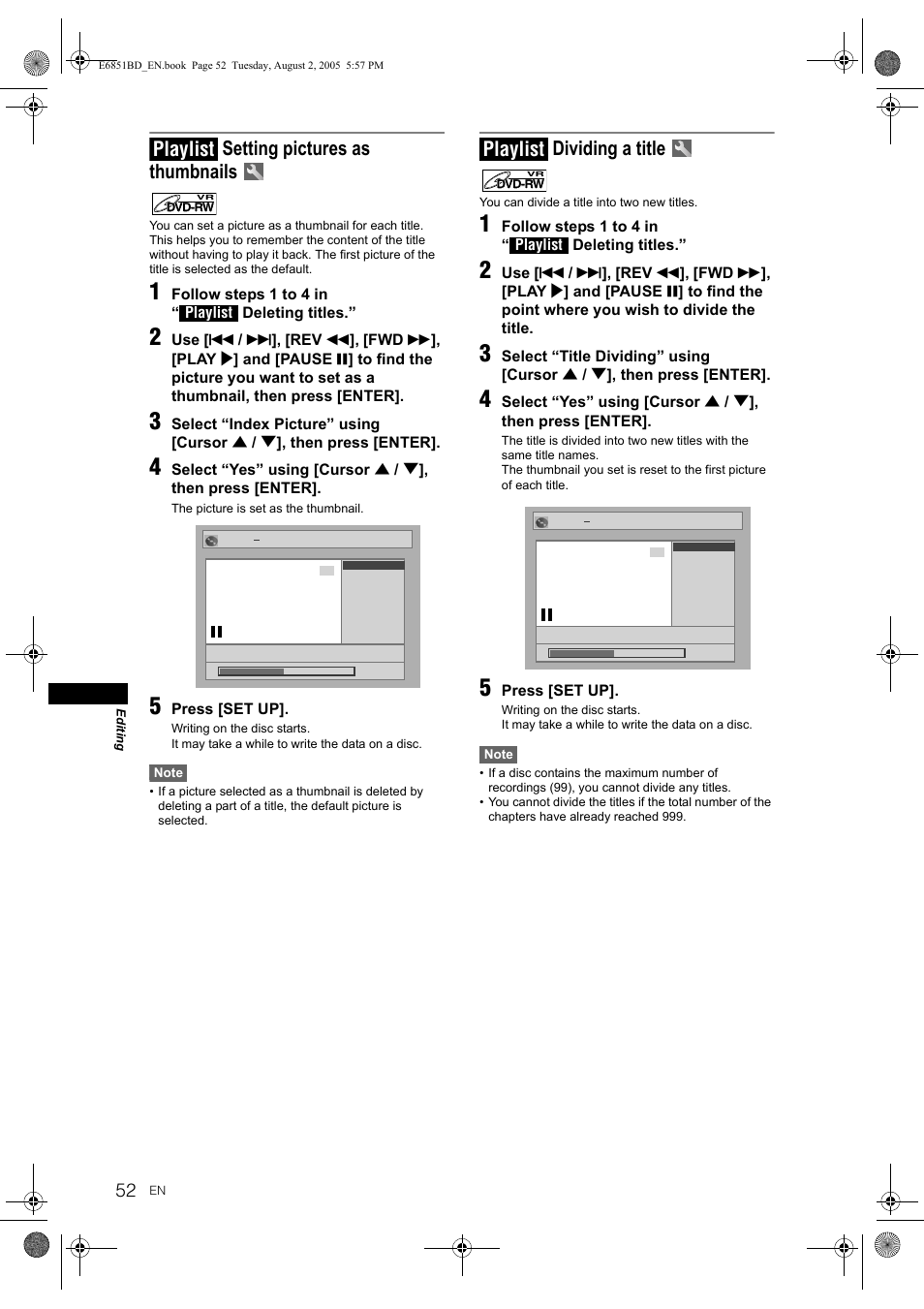 Setting pictures as thumbnails, Dividing a title, Playlist | JVC DR-M70SEK User Manual | Page 52 / 68