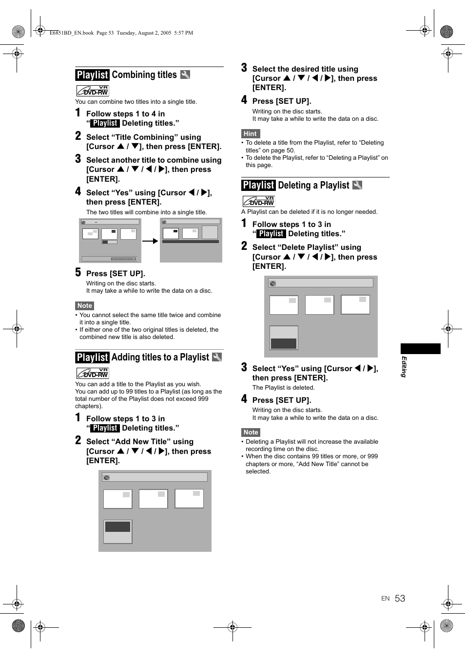 Combining titles, Adding titles to a playlist, Deleting a playlist | Playlist | JVC DR-M70SEK User Manual | Page 53 / 68