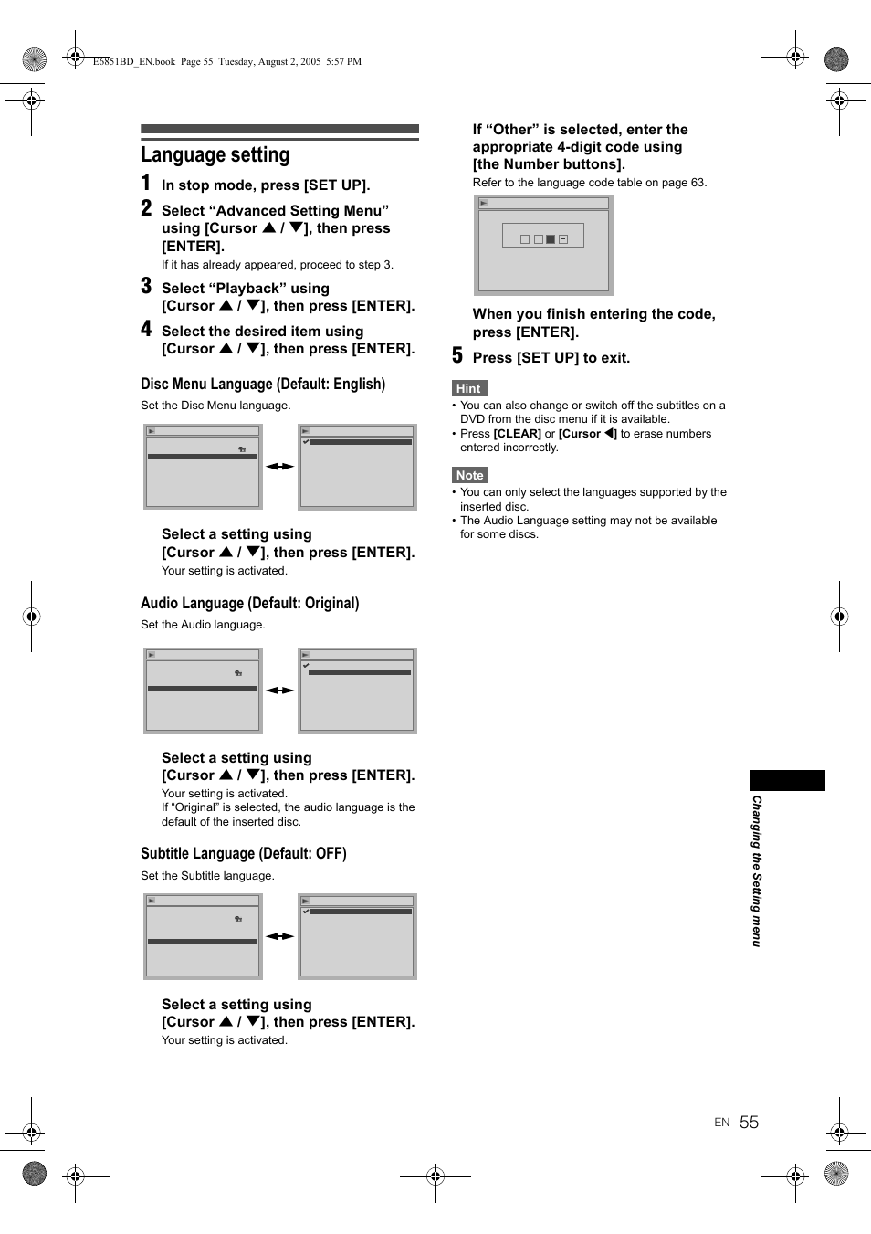 Language setting, Language setting 1, Disc menu language (default: english) | Audio language (default: original), Subtitle language (default: off), When you finish entering the code, press [enter, Press [set up] to exit, Hint | JVC DR-M70SEK User Manual | Page 55 / 68