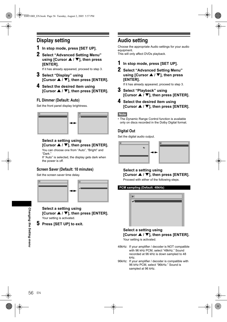 Display setting, Audio setting, Display setting 1 | Fl dimmer (default: auto), Screen saver (default: 10 minutes), Digital out, Press [set up] to exit | JVC DR-M70SEK User Manual | Page 56 / 68