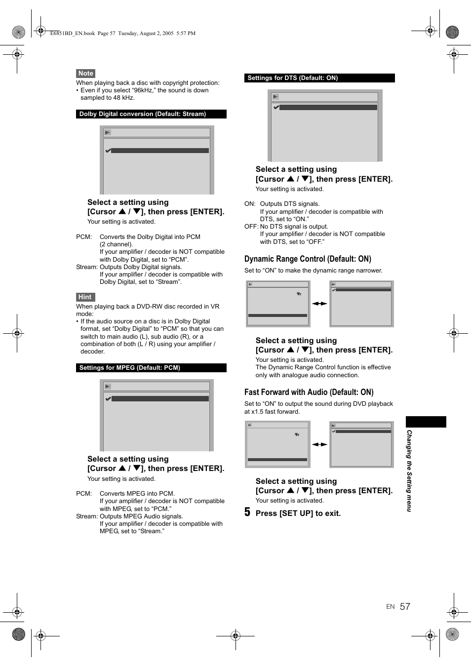 Dynamic range control (default: on), Fast forward with audio (default: on), Press [set up] to exit | Hint | JVC DR-M70SEK User Manual | Page 57 / 68