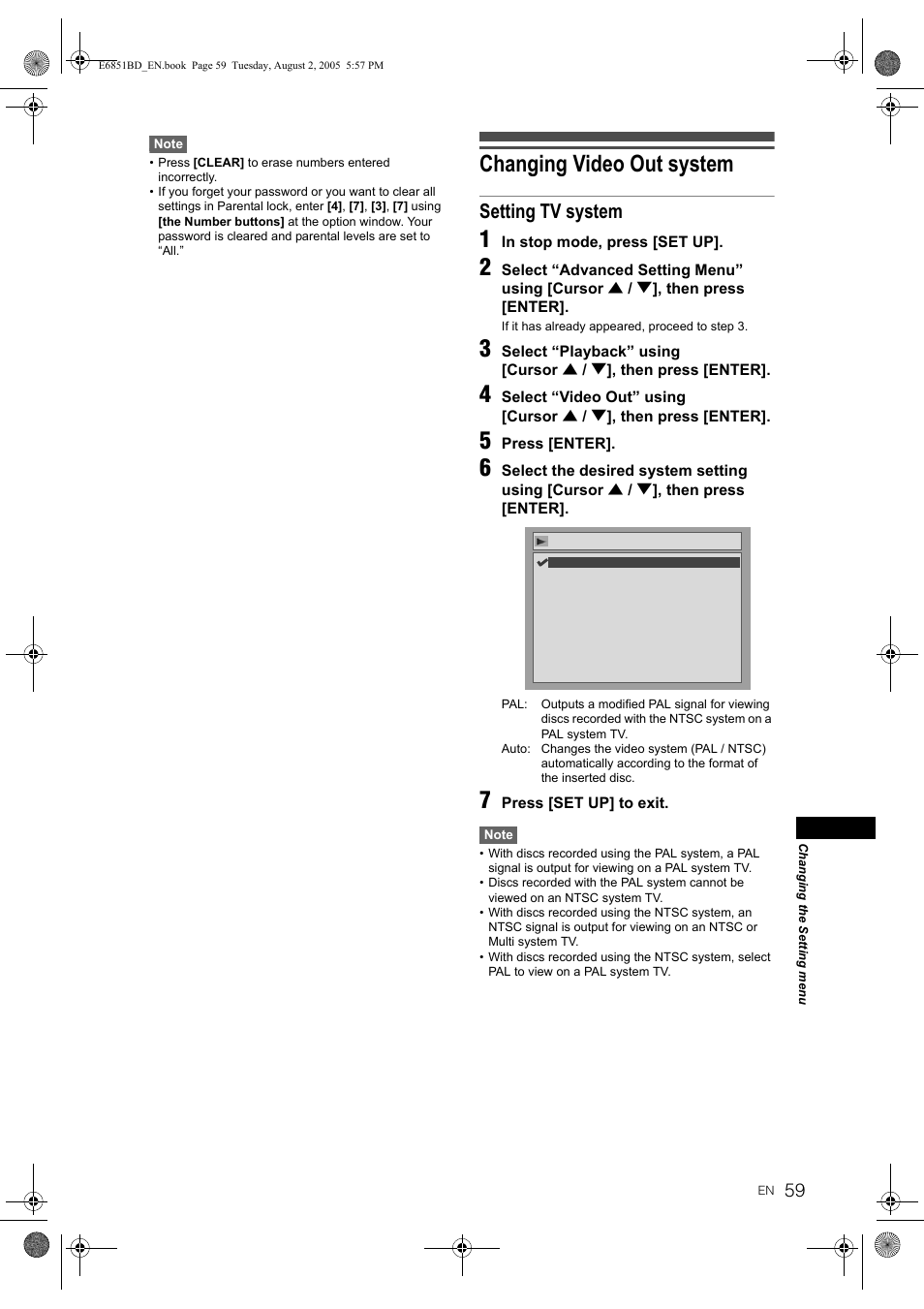 Changing video out system, Setting tv system | JVC DR-M70SEK User Manual | Page 59 / 68