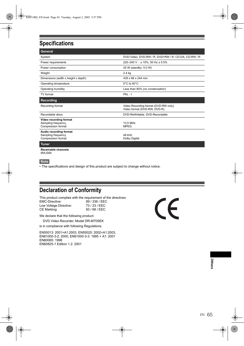 Specifications, Declaration of conformity | JVC DR-M70SEK User Manual | Page 65 / 68