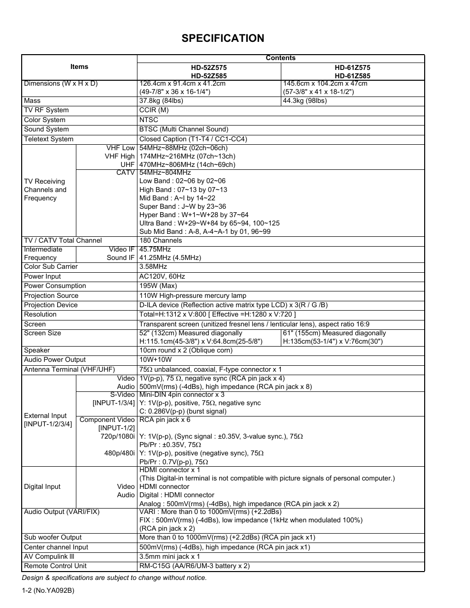 Specification | JVC Rear Projection Television HD-52Z575 User Manual | Page 2 / 37