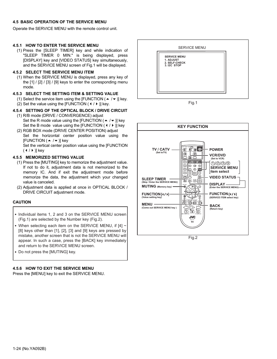 5 basic operation of the service menu, Key. (2) set the value using the [function, Key set the b mode value using the [function | Fig.1 fig.2, Key function | JVC Rear Projection Television HD-52Z575 User Manual | Page 24 / 37