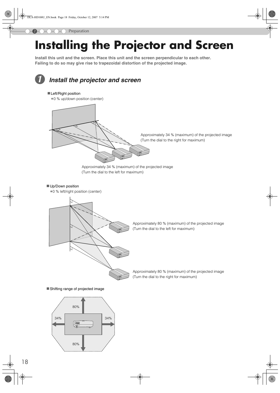 Installing the projector and screen, Install the projector and screen | JVC DLA-HD100 User Manual | Page 18 / 55
