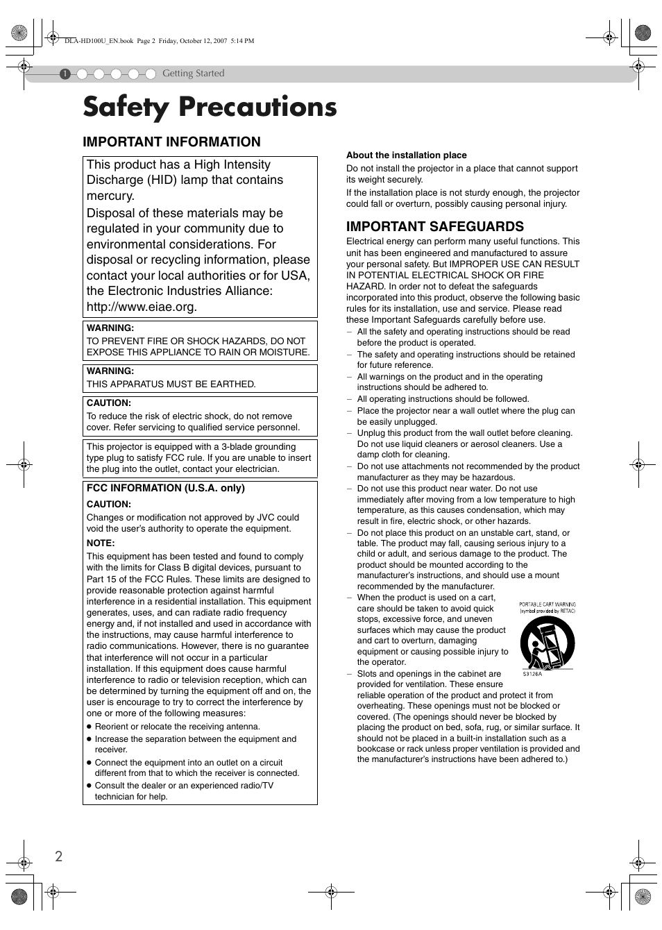 Getting started, Safety precautions, Important information | Important safeguards | JVC DLA-HD100 User Manual | Page 2 / 55