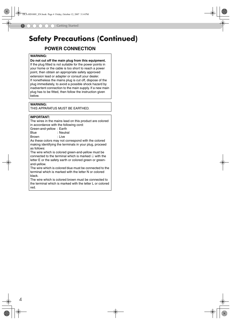 Safety precautions (continued), Power connection | JVC DLA-HD100 User Manual | Page 4 / 55