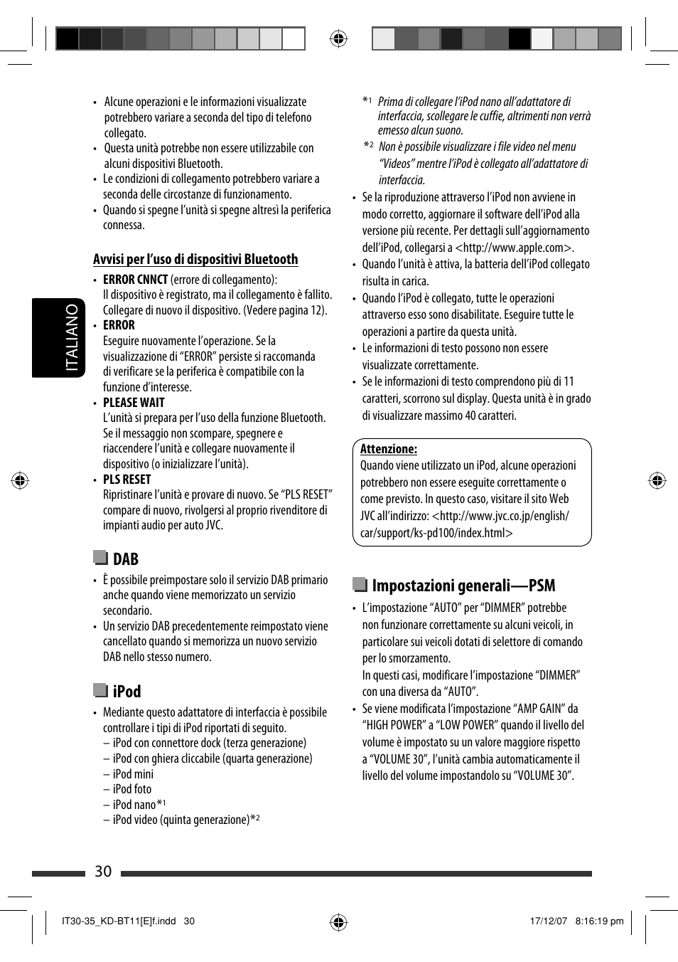 Ipod, Impostazioni generali—psm, 30 italiano | JVC KD-BT11 User Manual | Page 100 / 107