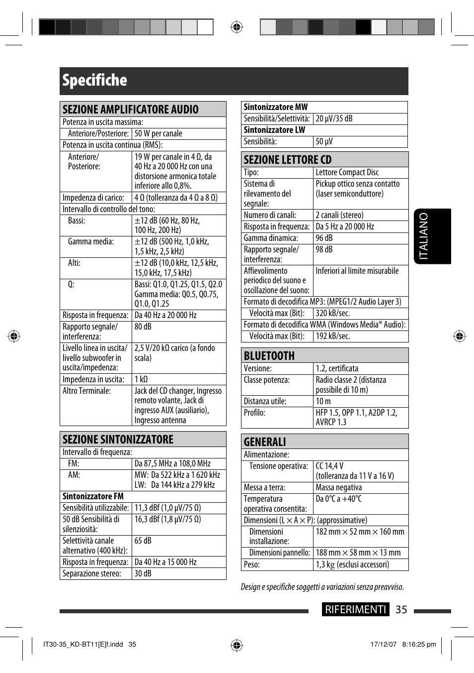 Specifiche, Sezione amplificatore audio, Sezione sintonizzatore | Sezione lettore cd, Bluetooth, Generali, 35 riferimenti italiano | JVC KD-BT11 User Manual | Page 105 / 107