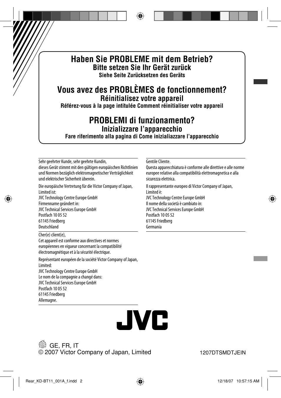 Haben sie probleme mit dem betrieb, Vous avez des problèmes de fonctionnement, Problemi di funzionamento | Bitte setzen sie ihr gerät zurück, Réinitialisez votre appareil, Inizializzare l’apparecchio | JVC KD-BT11 User Manual | Page 106 / 107