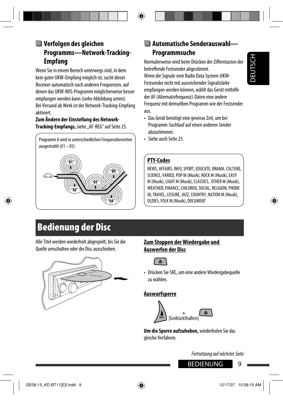 Bedienung der disc, Automatische senderauswahl— programmsuche | JVC KD-BT11 User Manual | Page 11 / 107