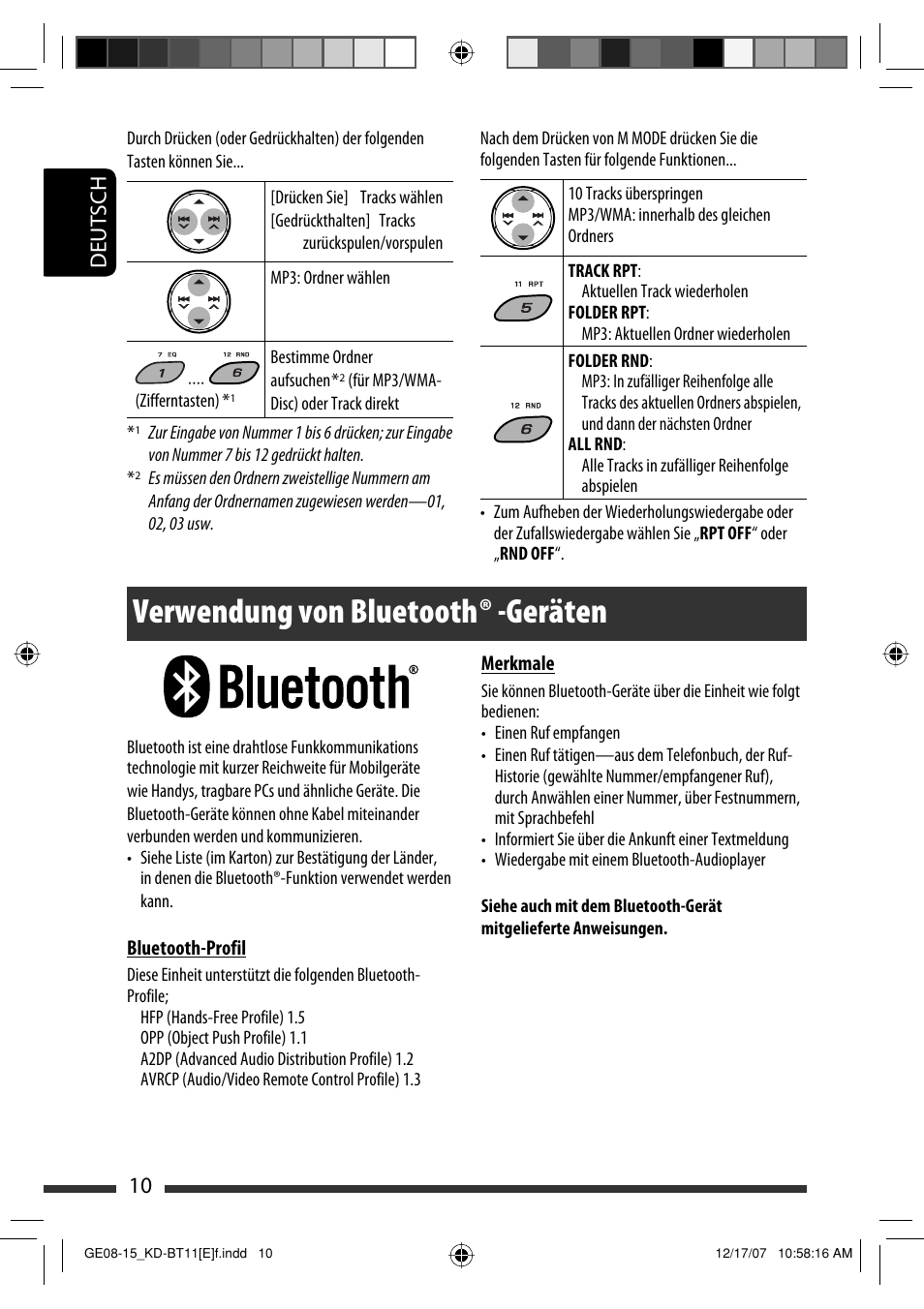 Verwendung von bluetooth ® -geräten, 10 deutsch | JVC KD-BT11 User Manual | Page 12 / 107