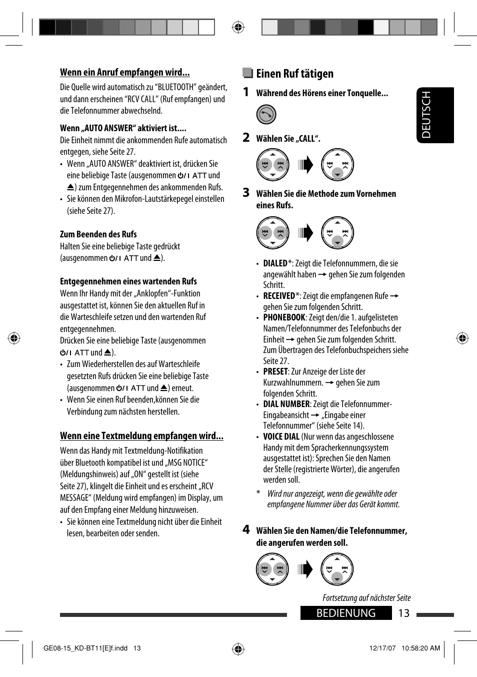 Einen ruf tätigen, 13 bedienung deutsch | JVC KD-BT11 User Manual | Page 15 / 107