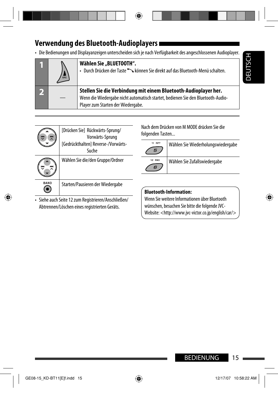 Verwendung des bluetooth-audioplayers | JVC KD-BT11 User Manual | Page 17 / 107