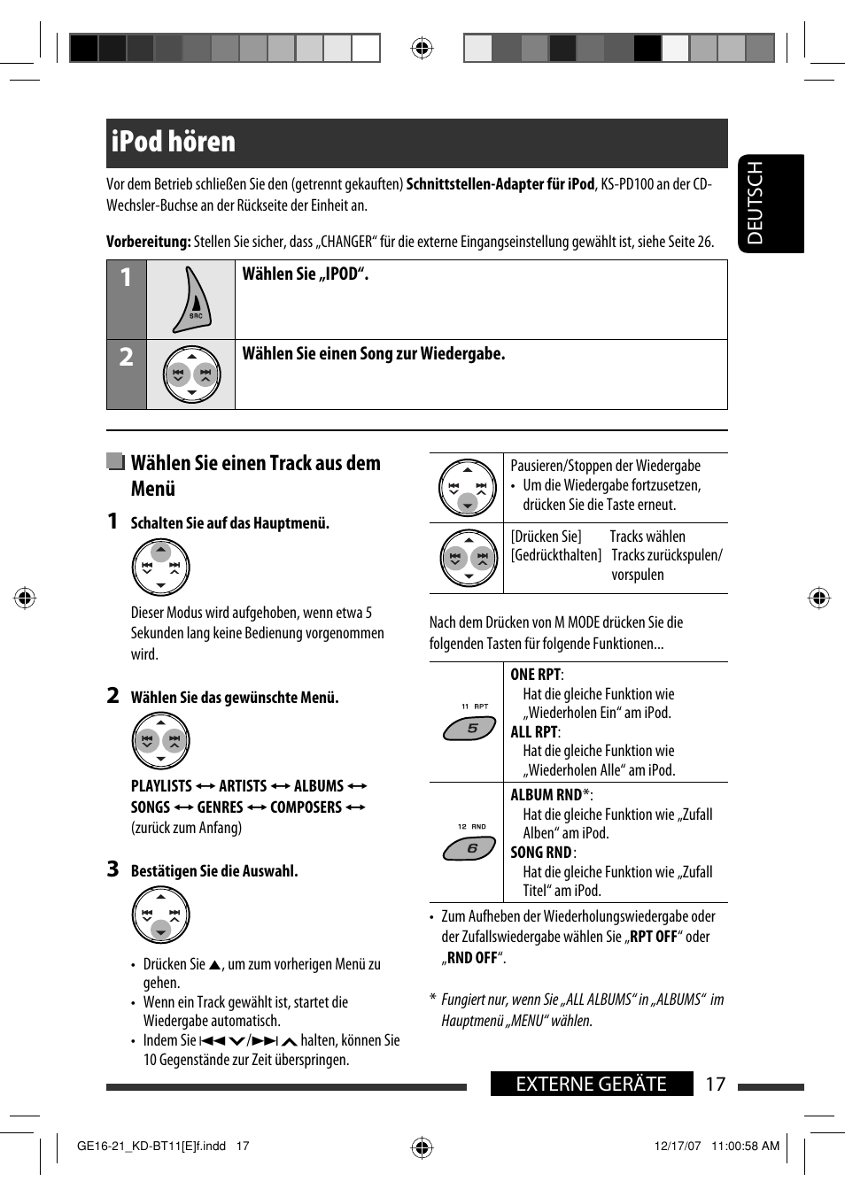 Ipod hören, Wählen sie einen track aus dem menü | JVC KD-BT11 User Manual | Page 19 / 107