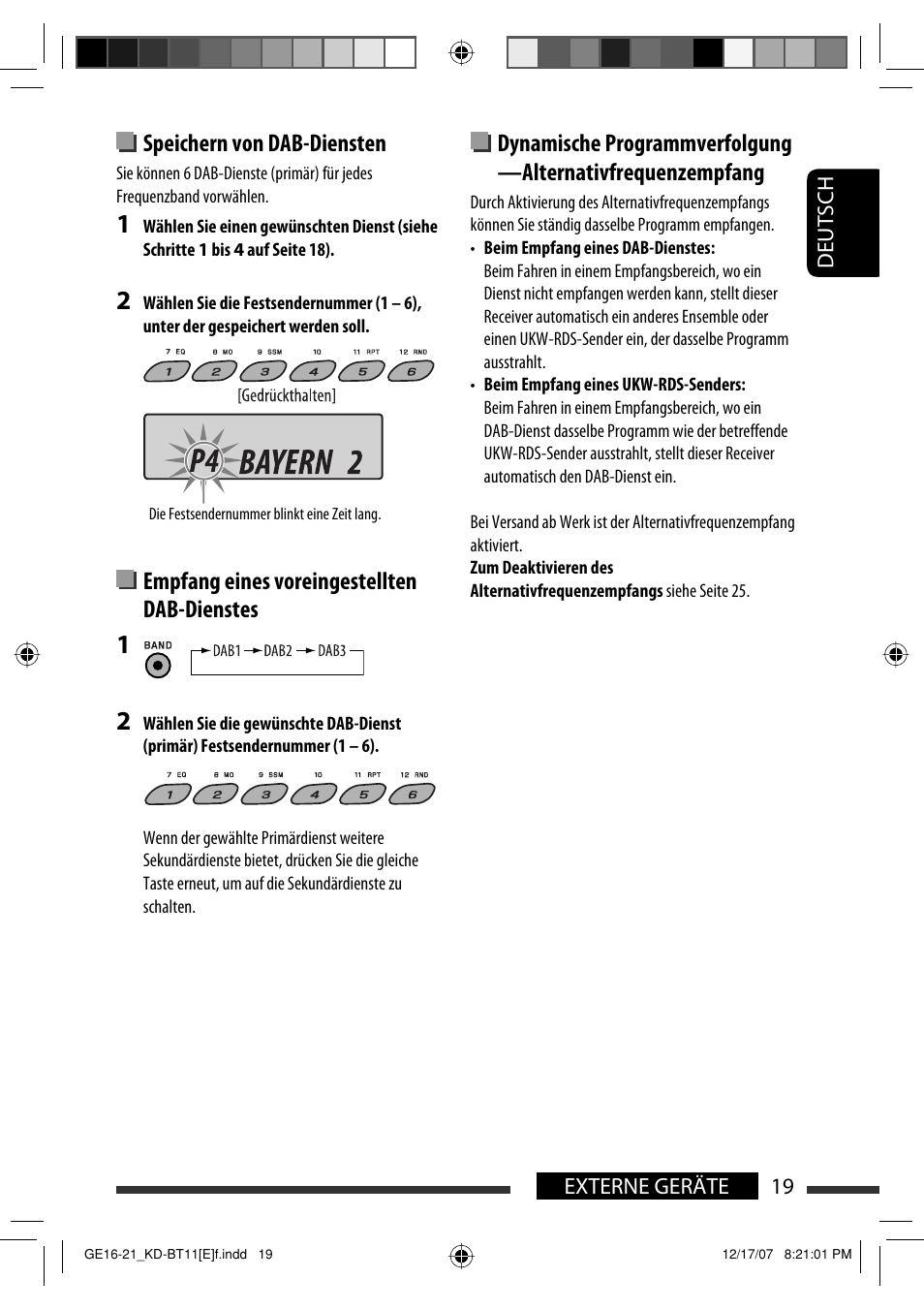 Speichern von dab-diensten, Empfang eines voreingestellten dab-dienstes | JVC KD-BT11 User Manual | Page 21 / 107