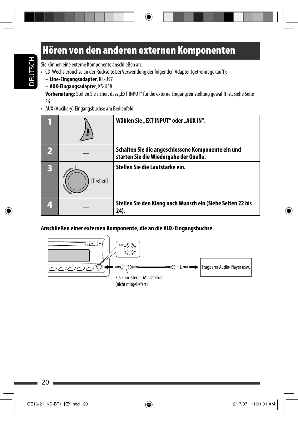 Hören von den anderen externen komponenten | JVC KD-BT11 User Manual | Page 22 / 107