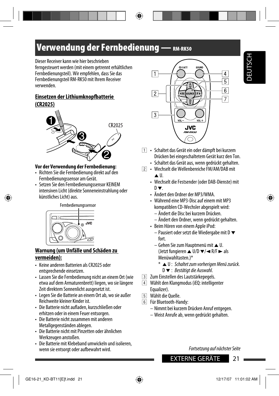 Verwendung der fernbedienung, 21 externe geräte deutsch | JVC KD-BT11 User Manual | Page 23 / 107