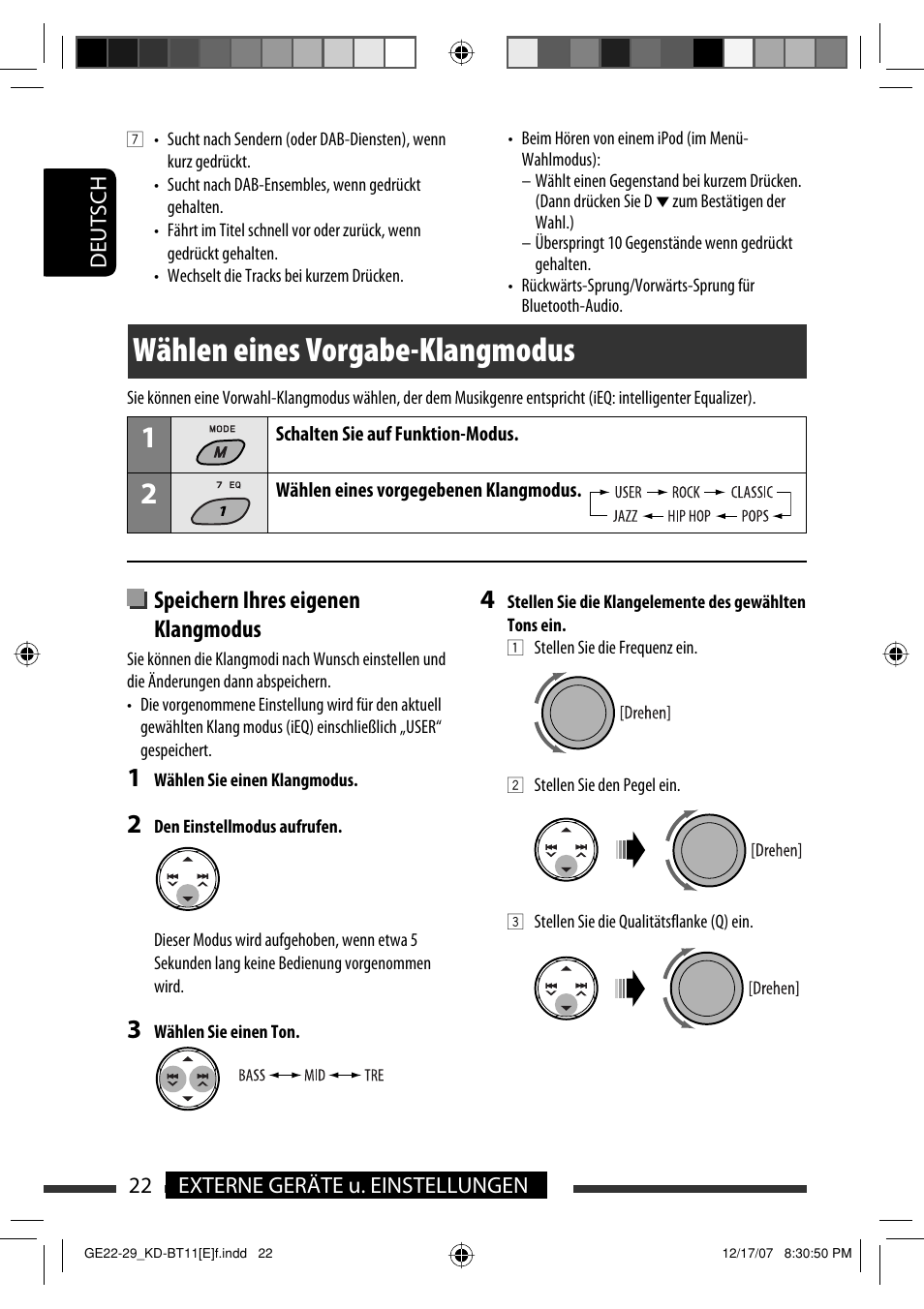 Wählen eines vorgabe-klangmodus, Speichern ihres eigenen klangmodus | JVC KD-BT11 User Manual | Page 24 / 107