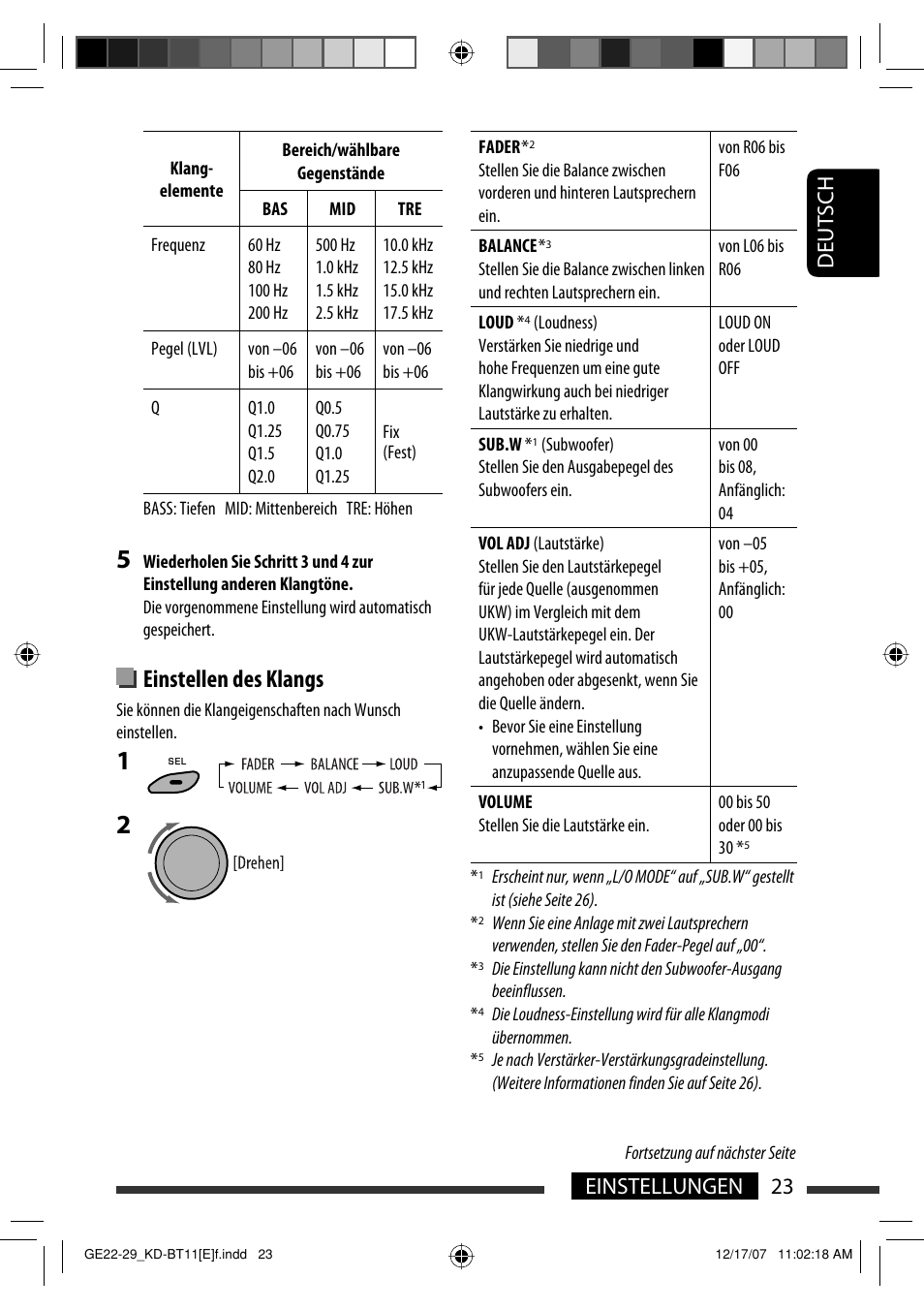 Einstellen des klangs, 23 einstellungen deutsch | JVC KD-BT11 User Manual | Page 25 / 107