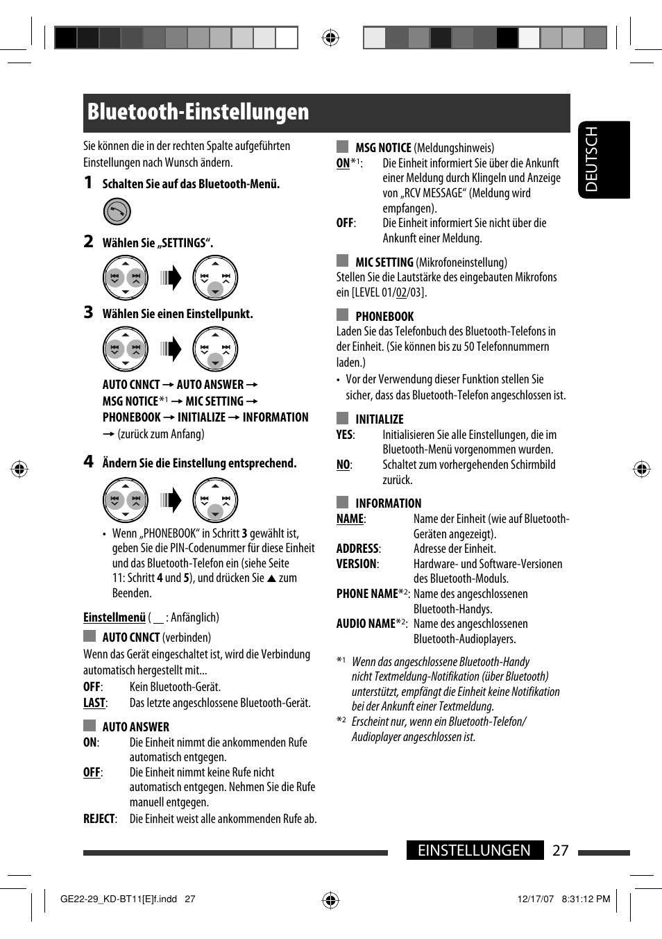 Bluetooth-einstellungen, 27 einstellungen deutsch | JVC KD-BT11 User Manual | Page 29 / 107