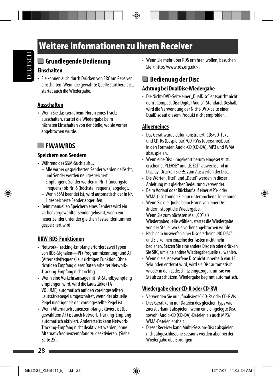 Weitere informationen zu ihrem receiver, Grundlegende bedienung, Fm/am/rds | Bedienung der disc, 28 deutsch | JVC KD-BT11 User Manual | Page 30 / 107