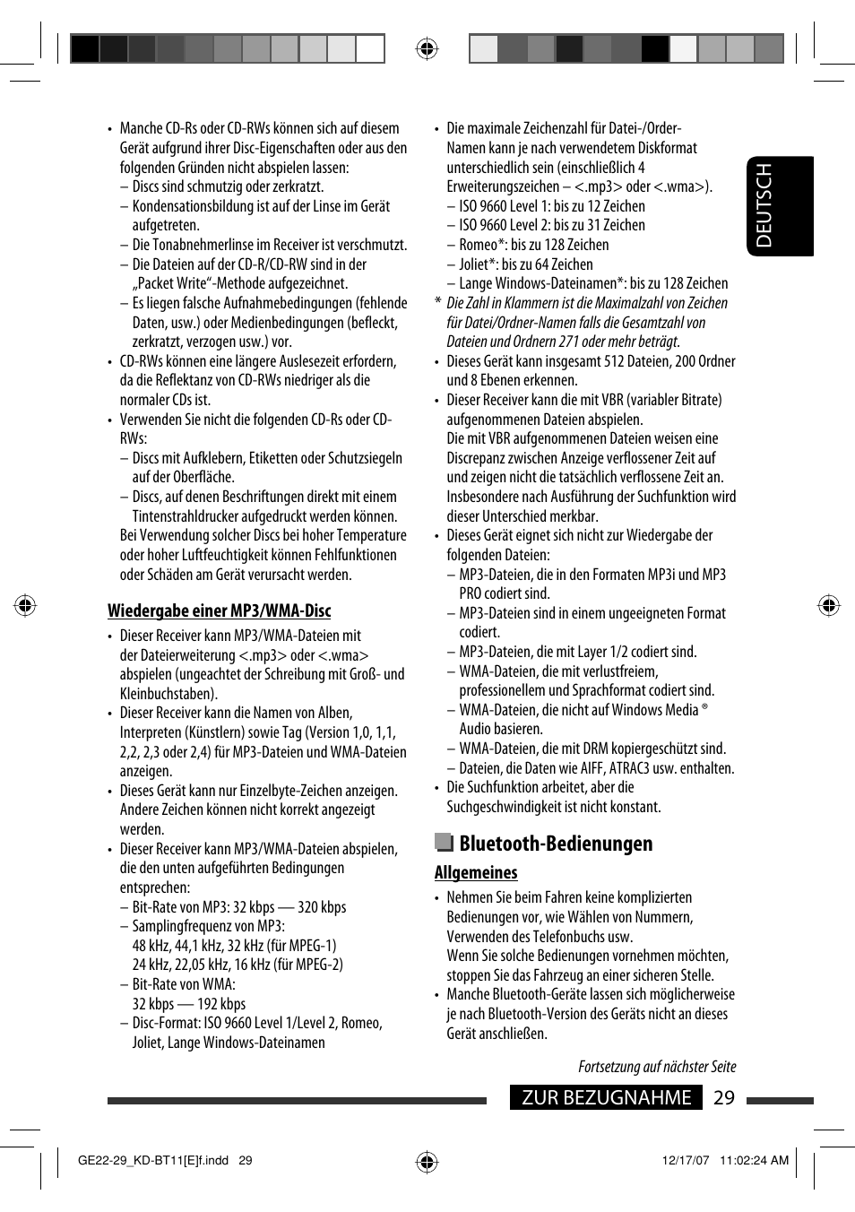 Bluetooth-bedienungen, 29 zur bezugnahme deutsch | JVC KD-BT11 User Manual | Page 31 / 107