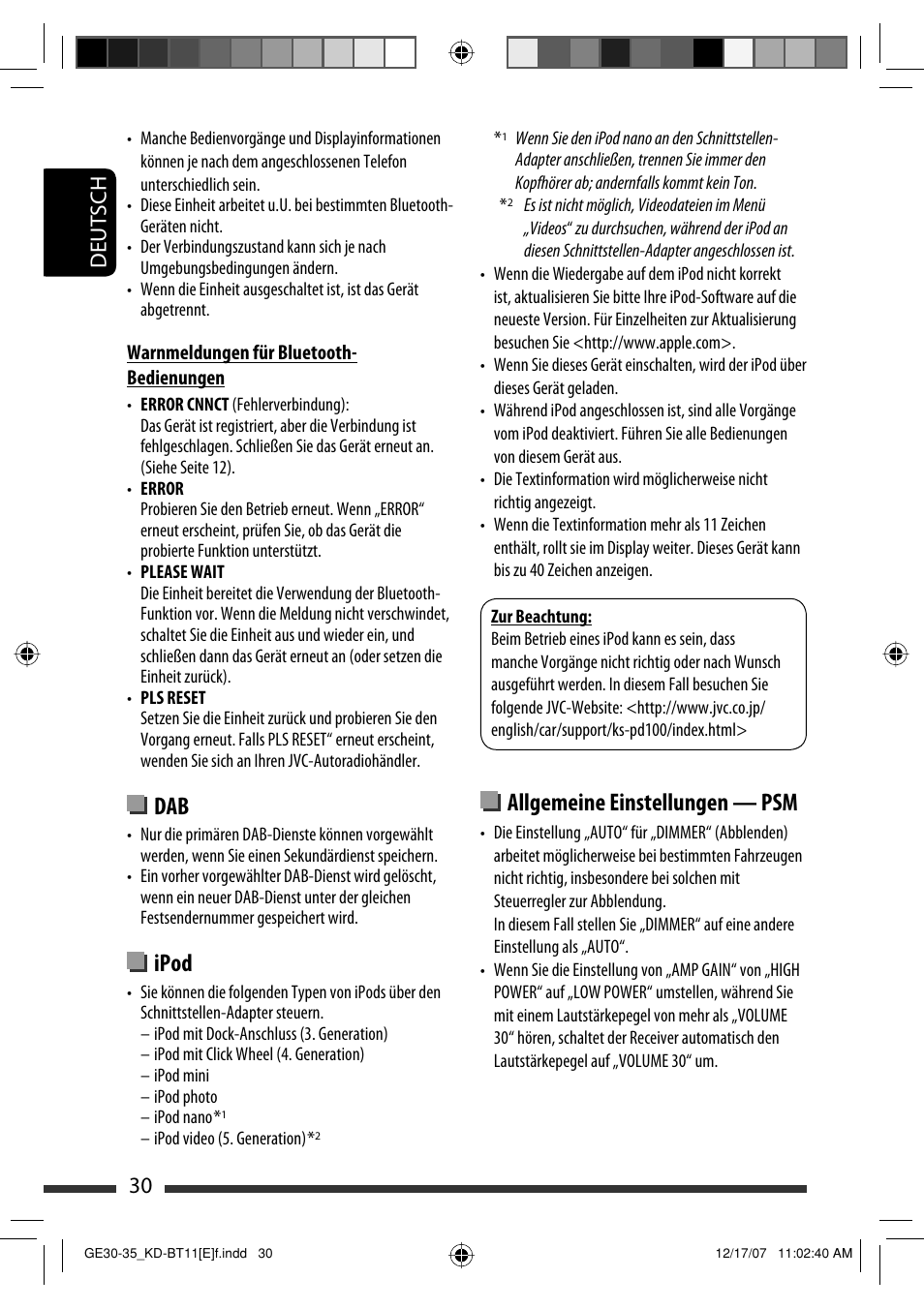 Ipod, Allgemeine einstellungen — psm, 30 deutsch | JVC KD-BT11 User Manual | Page 32 / 107