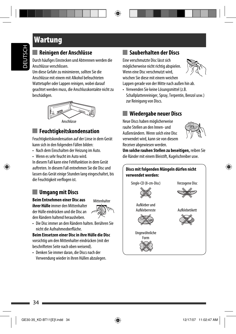 Wartung, Reinigen der anschlüsse, Feuchtigkeitskondensation | Umgang mit discs, Sauberhalten der discs, Wiedergabe neuer discs, 34 deutsch | JVC KD-BT11 User Manual | Page 36 / 107