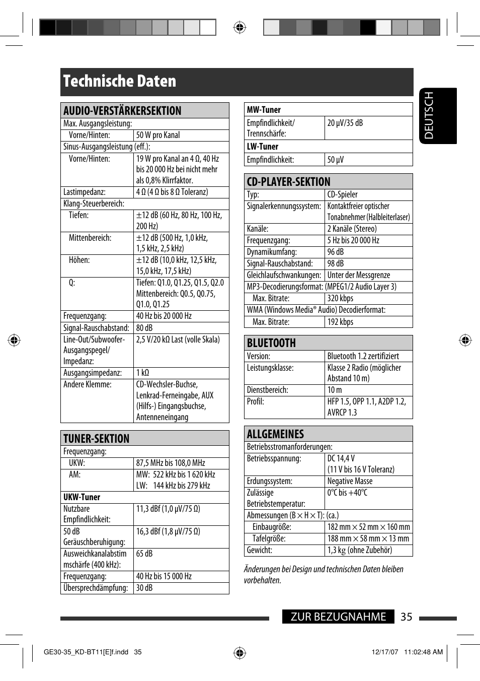 Technische daten, Audio-verstärkersektion, Tuner-sektion | Cd-player-sektion, Bluetooth, Allgemeines, 35 zur bezugnahme deutsch | JVC KD-BT11 User Manual | Page 37 / 107