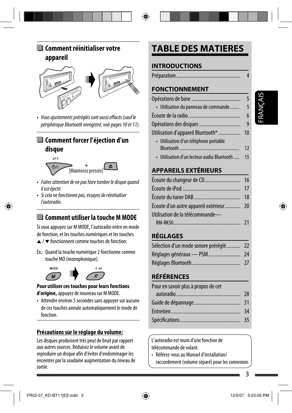 Table des matieres, Comment réinitialiser votre appareil, Comment forcer l’éjection d’un disque | Comment utiliser la touche m mode | JVC KD-BT11 User Manual | Page 39 / 107