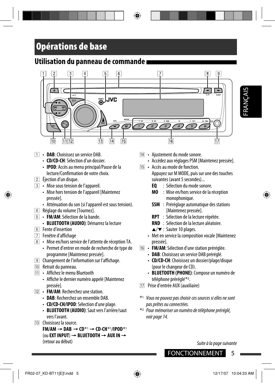 Opérations de base, Utilisation du panneau de commande, 5fonctionnement français | JVC KD-BT11 User Manual | Page 41 / 107