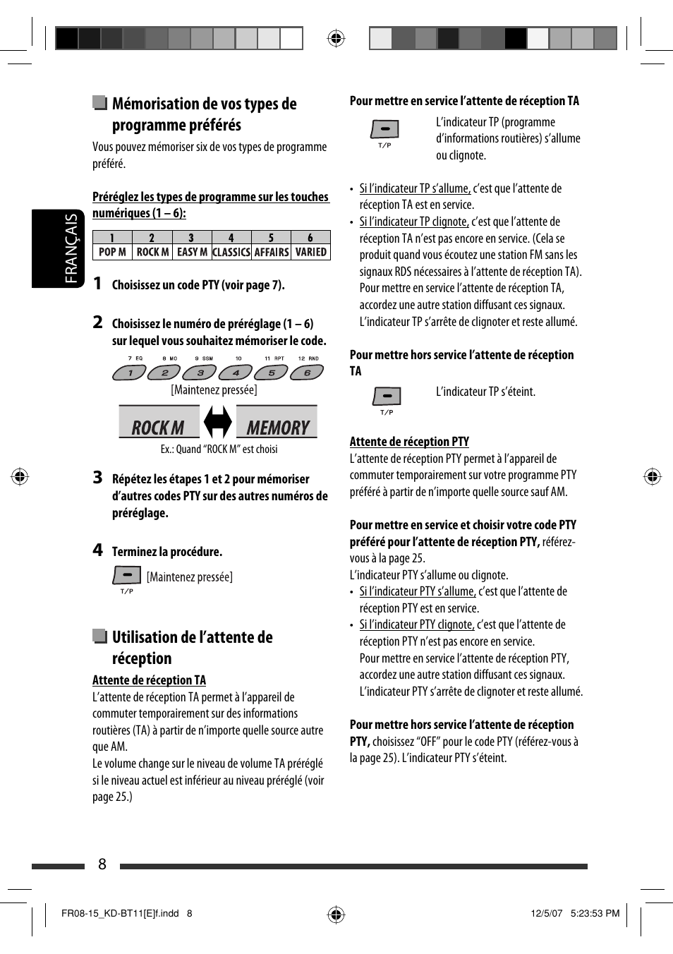 Mémorisation de vos types de programme préférés, Utilisation de l’attente de réception | JVC KD-BT11 User Manual | Page 44 / 107