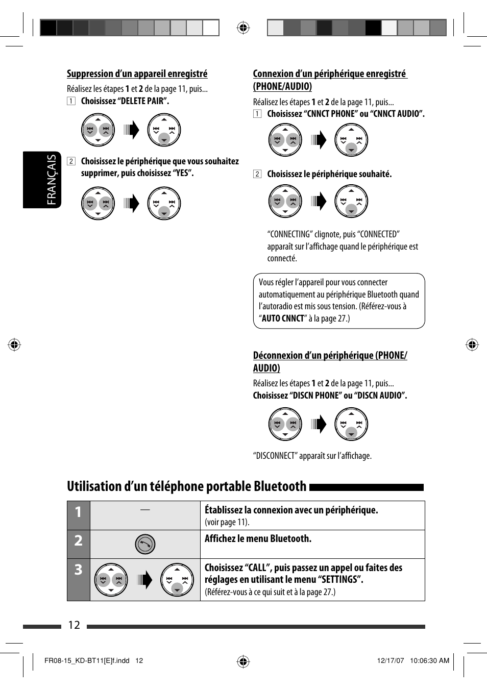 Utilisation d’un téléphone portable bluetooth | JVC KD-BT11 User Manual | Page 48 / 107