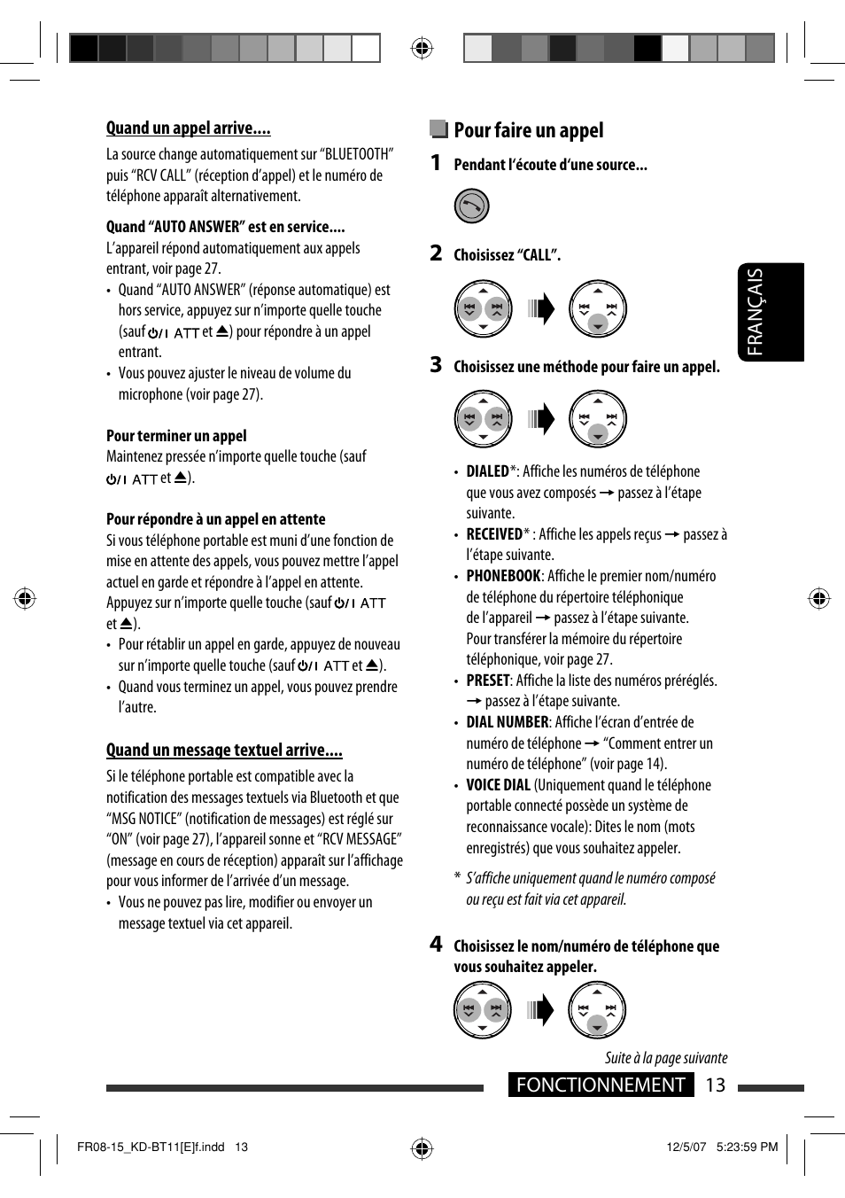 Pour faire un appel, 13 fonctionnement français | JVC KD-BT11 User Manual | Page 49 / 107