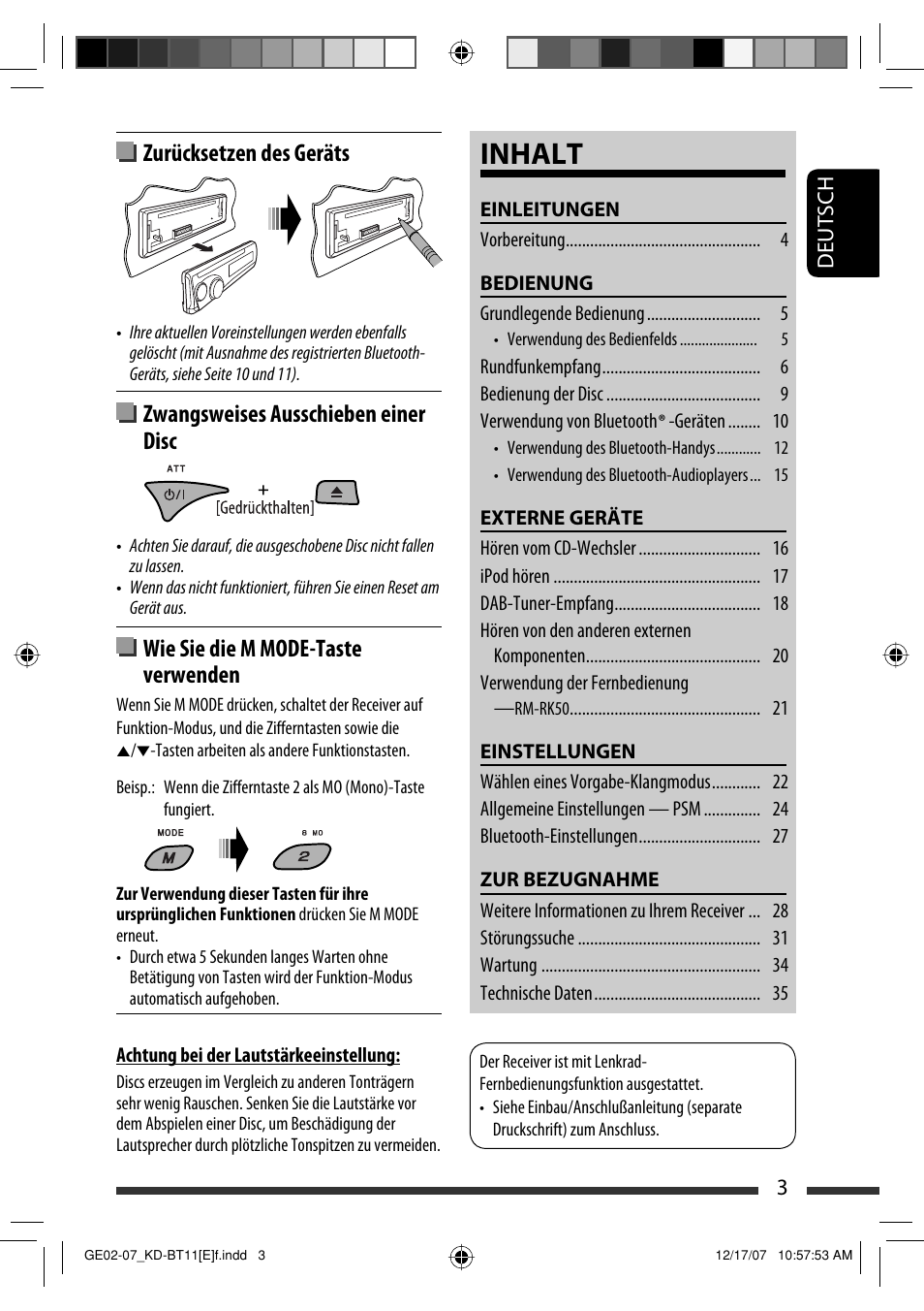 Inhalt, Zurücksetzen des geräts, Zwangsweises ausschieben einer disc | Wie sie die m mode-taste verwenden | JVC KD-BT11 User Manual | Page 5 / 107