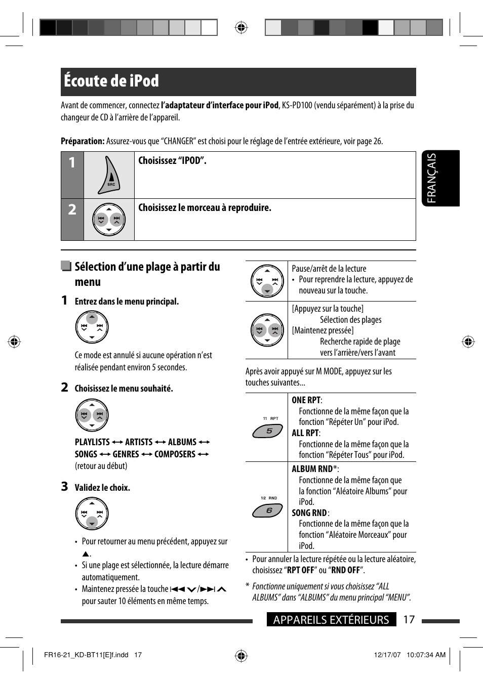 Écoute de ipod, Sélection d’une plage à partir du menu | JVC KD-BT11 User Manual | Page 53 / 107