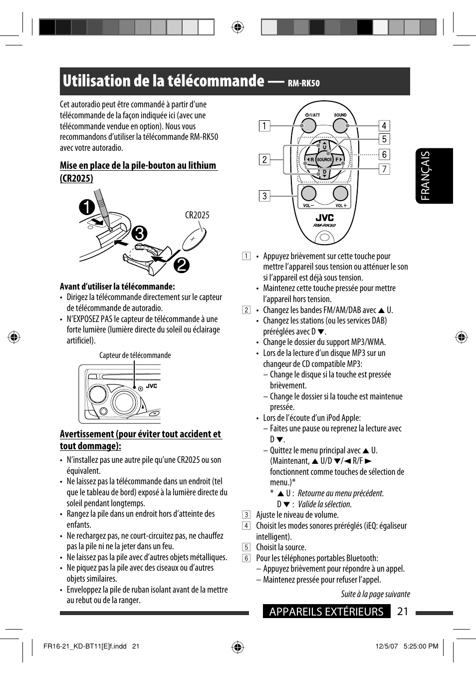 Utilisation de la télécommande, 21 appareils extérieurs français | JVC KD-BT11 User Manual | Page 57 / 107