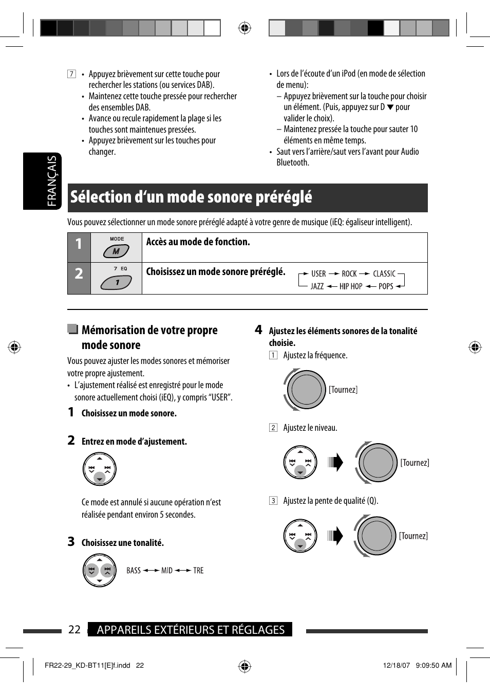 Sélection d‘un mode sonore préréglé, Mémorisation de votre propre mode sonore | JVC KD-BT11 User Manual | Page 58 / 107