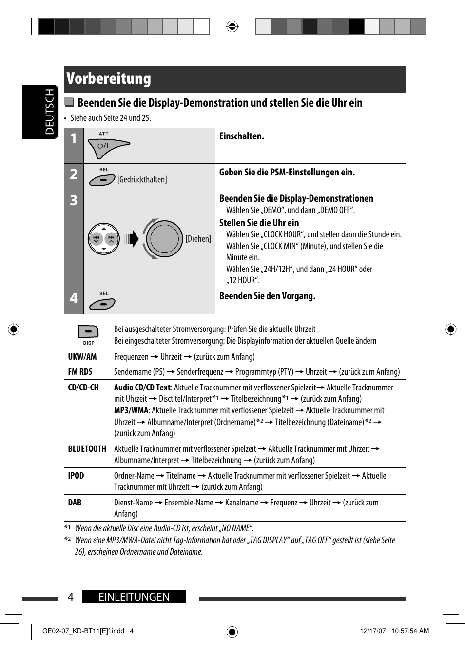 Vorbereitung, 4einleitungen deutsch | JVC KD-BT11 User Manual | Page 6 / 107