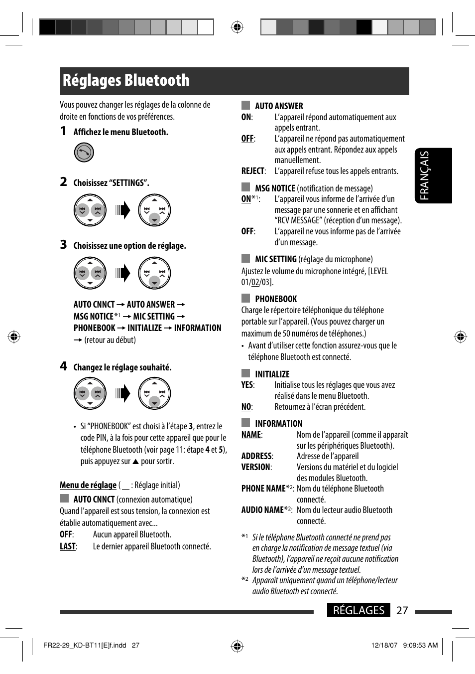 Réglages bluetooth, 27 réglages français | JVC KD-BT11 User Manual | Page 63 / 107