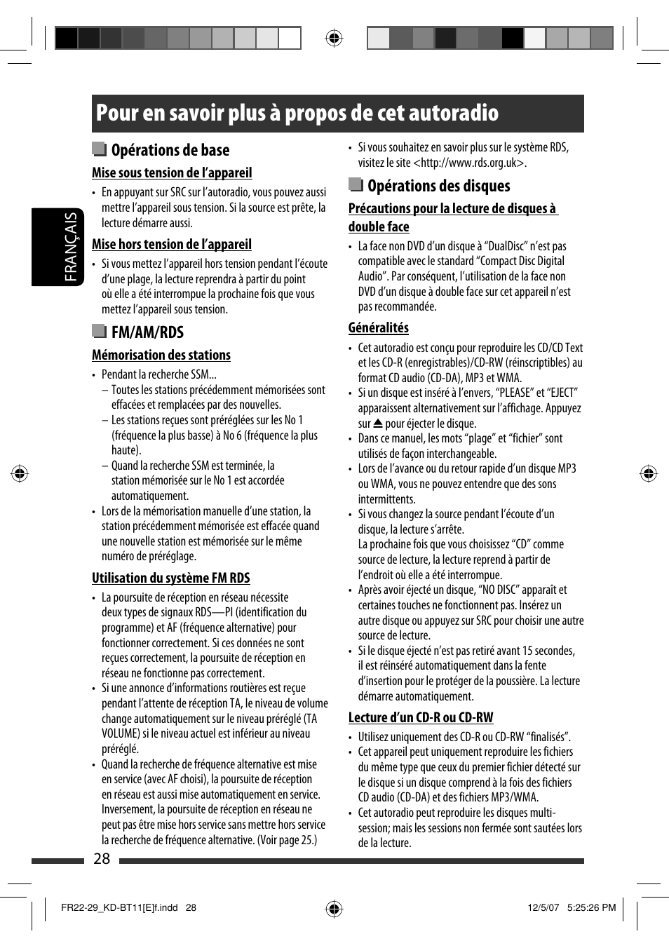 Pour en savoir plus à propos de cet autoradio, Opérations de base, Fm/am/rds | Opérations des disques, 28 français | JVC KD-BT11 User Manual | Page 64 / 107