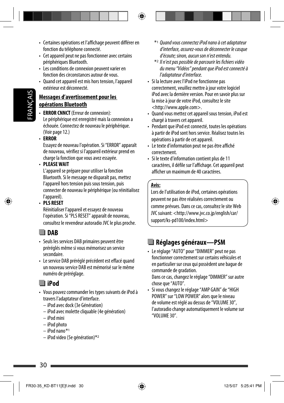 Ipod, Réglages généraux—psm, 30 français | JVC KD-BT11 User Manual | Page 66 / 107