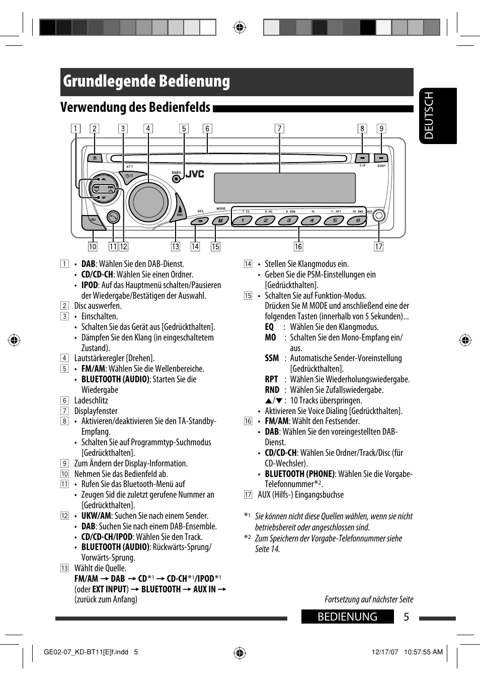 Grundlegende bedienung, Verwendung des bedienfelds, 5bedienung deutsch | JVC KD-BT11 User Manual | Page 7 / 107