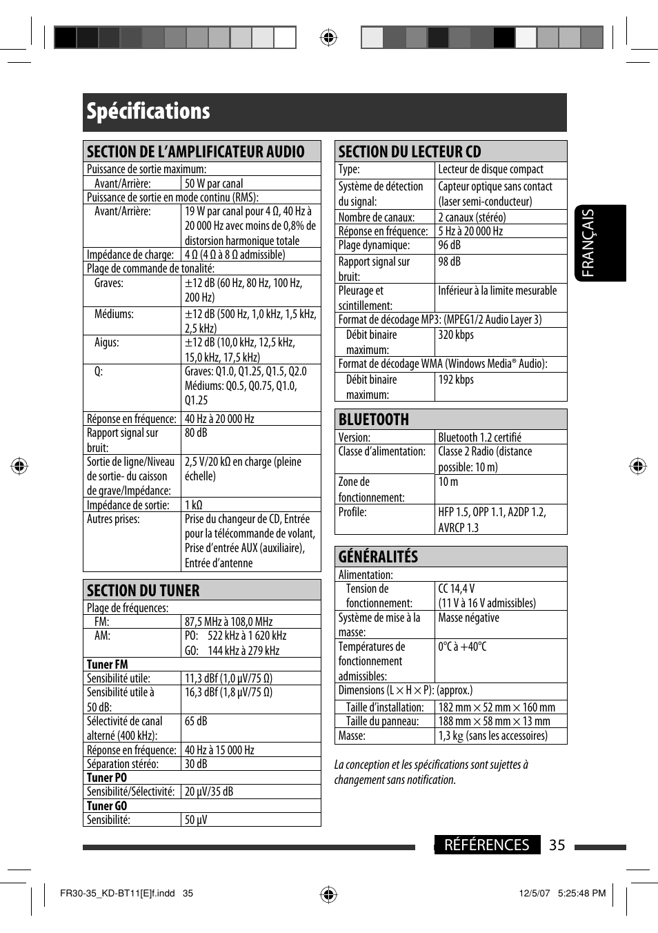 Spécifications, Bluetooth, Généralités | 35 références français | JVC KD-BT11 User Manual | Page 71 / 107