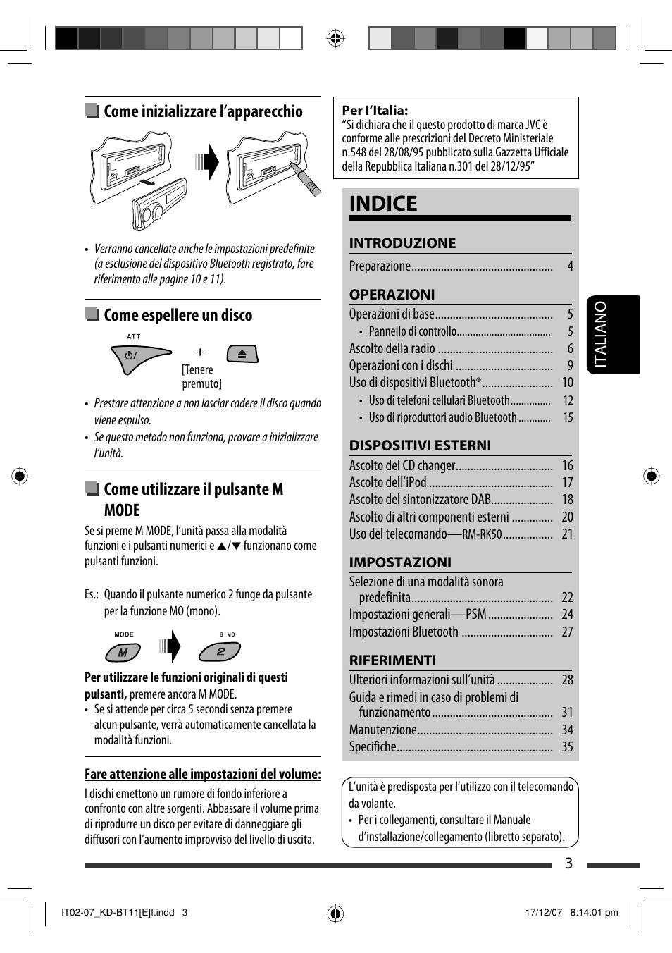 Indice, Come inizializzare l’apparecchio, Come espellere un disco | Come utilizzare il pulsante m mode | JVC KD-BT11 User Manual | Page 73 / 107