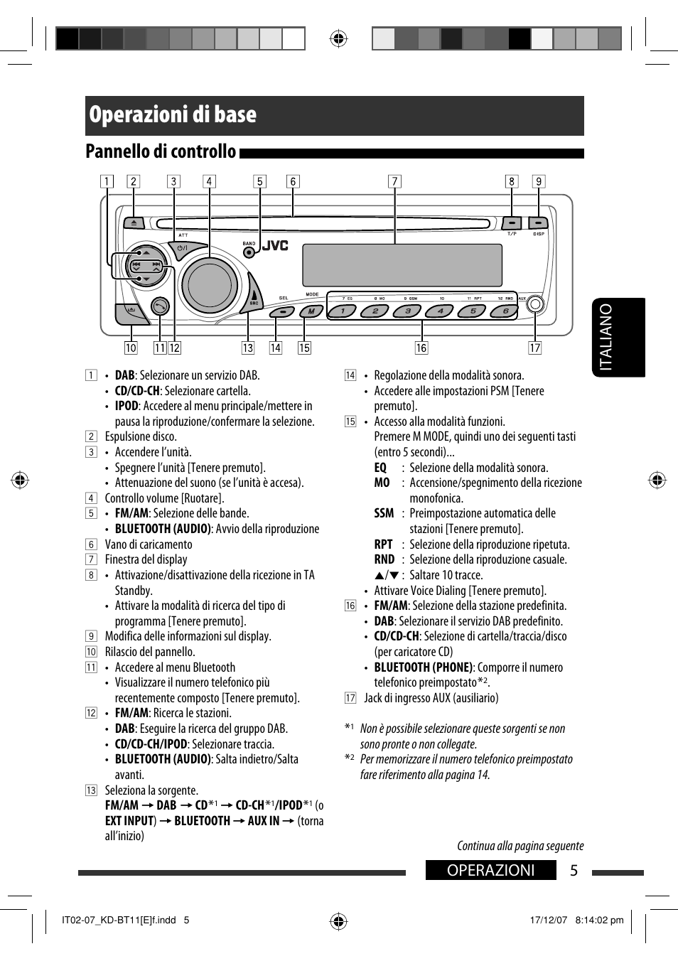 Operazioni di base, Pannello di controllo, 5operazioni italiano | JVC KD-BT11 User Manual | Page 75 / 107