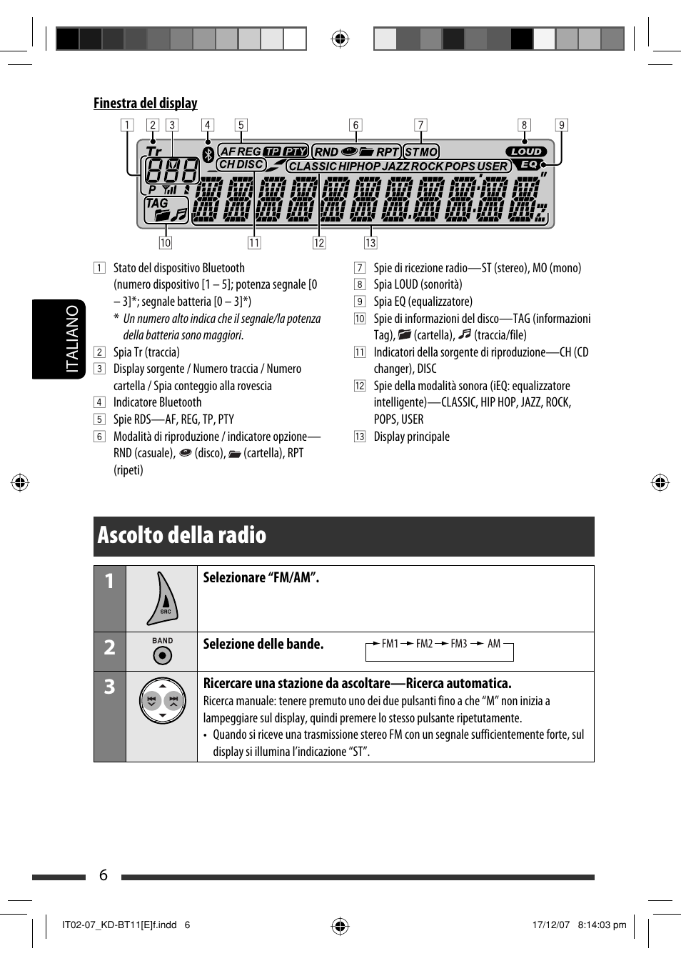 Ascolto della radio, 6italiano | JVC KD-BT11 User Manual | Page 76 / 107